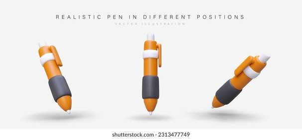 Set of 3D ballpoint pens. Realistic stationery. Vector image of plastic cartoon pen from different sides. School and office accessories. Modern color icons