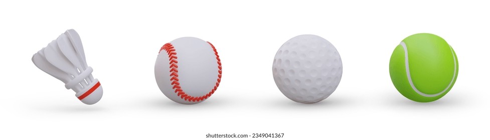 Set of 3D balls. Ball for baseball, golf, tennis, shuttlecock for badminton. Color isolated image on white background. Vector icons. Illustrations with shadows. Sports accessories for team, pair play