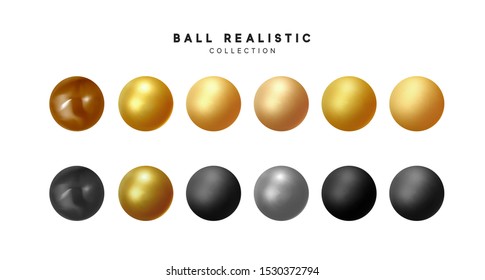 Set of 3d balls isolated. Round Sphere, geometric objects, pearl made of metal and plastic. Balls matte and glossy, gold and beige, black brown, silver colors. vector illustration