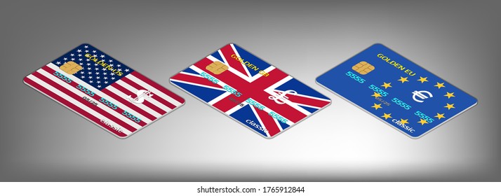 Set of 3d bank cards with flags of the USA, Great Britain and the European Union. Dollar, pound and euro currency signs. EPS10