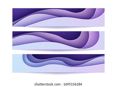 Set of 3d banners with wave in paper cut style. Three abstract flyers purple violet and blue gradient color. Layered deep papercut background with wavy shape. Origami style vector card illustration.