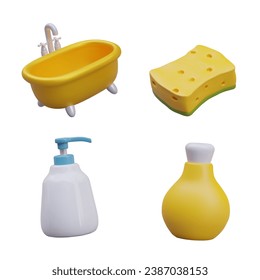 Set of 3D bathroom icons. Golden bathtub on legs, yellow sponge, bottles with care cosmetics. Cleansing, relaxation, moisturizing. Pleasant water procedures