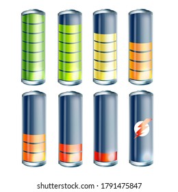 Juego de iconos de carga de batería 3d . Indicadores de carga de la batería con niveles de energía bajos y altos aislados en segundo plano. Iconos para interfaces de gadget. Ilustración de Vecror