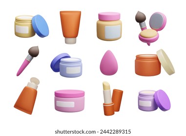 Set of 3D beauty cosmetic makeup products isolated on white. Cute cartoon style 3D facial cream jars, body lotion bottles, makeup brush, compact powder palette, lipstick, sunscreen vector render.