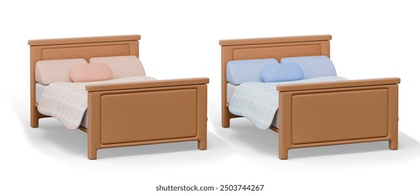 Set of 3D beds with bedding sets of different colors. Realistic templates