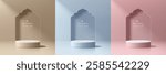 Set of 3D beige, blue, pink podium background. Gate mosque. Ramadan Kareem theme. Abstract composition minimalist design. Studio display showroom stand product pedestal, Fashion stage showcase mockup.