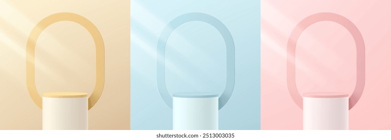 Set of 3D beige, blue, pink and white round podium with round frame background. Abstract composition in minimalist design. Studio display showroom product pedestal, Fashion stage showcase mockup scene