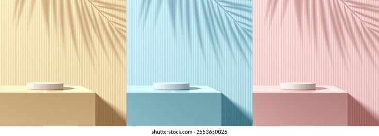 Set of 3D beige, blue, pink cylindrical podium background with coconut leaf shadow scene. Minimalist mockup pedestal. Abstract product display presentation. Stage for showcase. Vector Platforms design