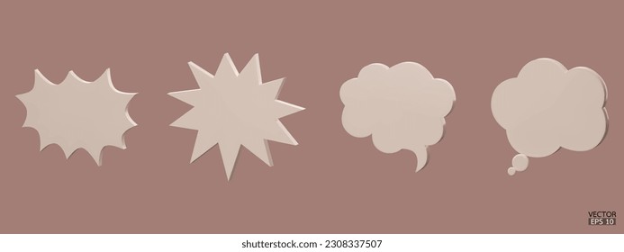 Set von beigen, süßen, weißen 3D-Sprechblasen-Symbolen einzeln auf Hintergrund. Minimale Leerzeichen-Blasen-Symbole für Nachrichten. 3D-Chat-Symbol-Set. 3D-Vektorgrafik.