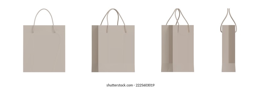 Set of 3d beige paper shopping bags packaging with different angles. Front and side view of retail purchase packaging, blank mockup. Realistic vector illustration isolated