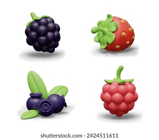 Set of 3D berries in cartoon style on white background. Blackberry, strawberry, blueberry, raspberry