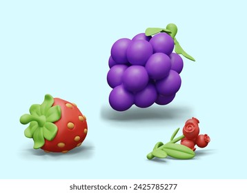 Set of 3D berries on blue background. Bunch of grapes, strawberries, cranberries