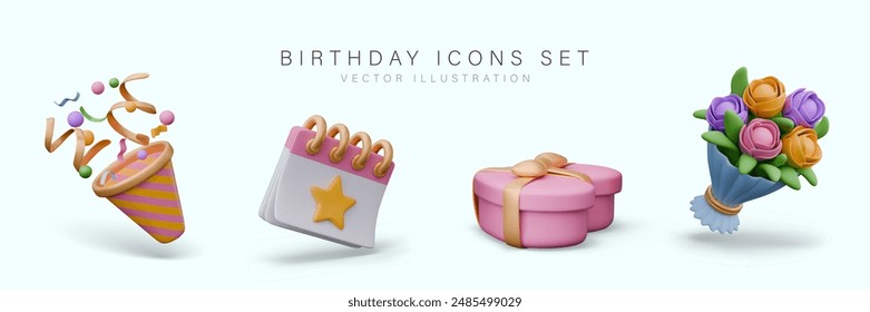 Set of 3D birthday icons. Elegant items for annual holiday