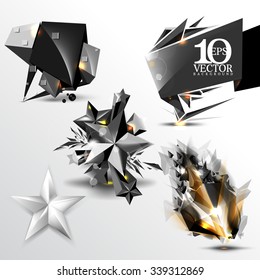 set of 3d black and chrome metallic elements, star, comet, frame clip-art background illustration