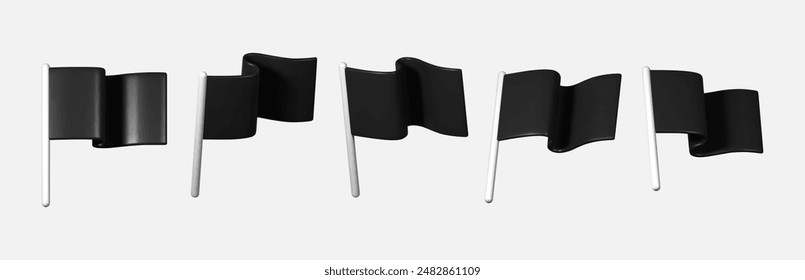 Set of 3D black flags in various dynamic positions. Perfect for design projects, presentations, and promotional materials.