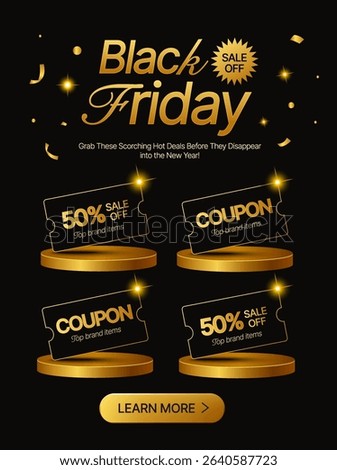 Set of 3d Black Friday gift vouchers on golden stage, with coupon code, percent price off, confetti effect, isolated on dark background. 3d Black Friday discount banner template in 3d vector.