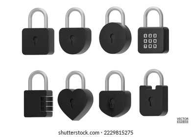 Set of 3D black metallic Padlock icons isolated on white background. Minimal lock icon. 3d vector illustration.