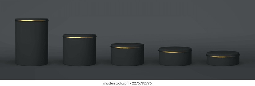 Set 3d black plinth podium on dark background. 3d render minimal display pedestal empty studio. Black showroom mockup for product presentation. Realistic vector illustration