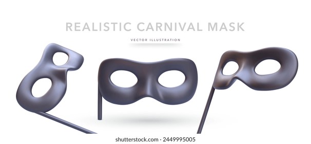 Set of 3d black realistic carnival mask isolated on white background. Vector illustration