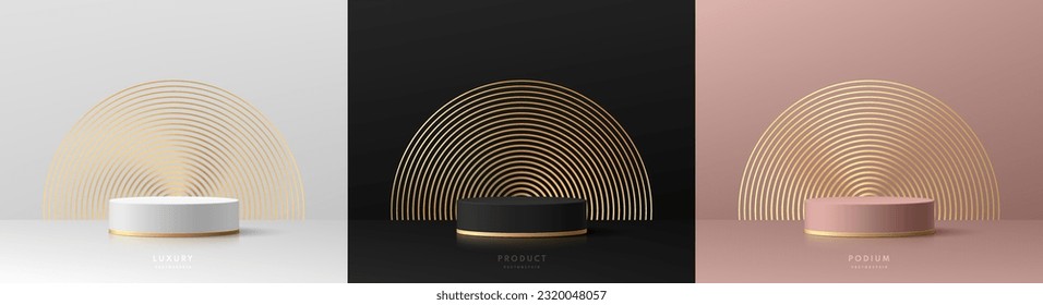 Set of 3D black, silver and pink gold cylinder pedestal podium background with golden circles radial. Abstract luxury minimal wall scene mockup products display. Stage showcase. Vector geometric form.