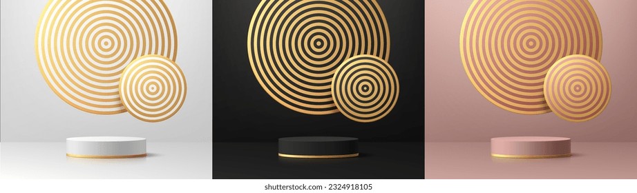 Conjunto de fondo de podio del cilindro de oro 3D negro, plateado y rosa con círculos dorados flotantes radiales. Resumen de lujo mínimo pantalla de maquillaje de la escena de la pared. Muestra de escenario. Forma geométrica vectorial.
