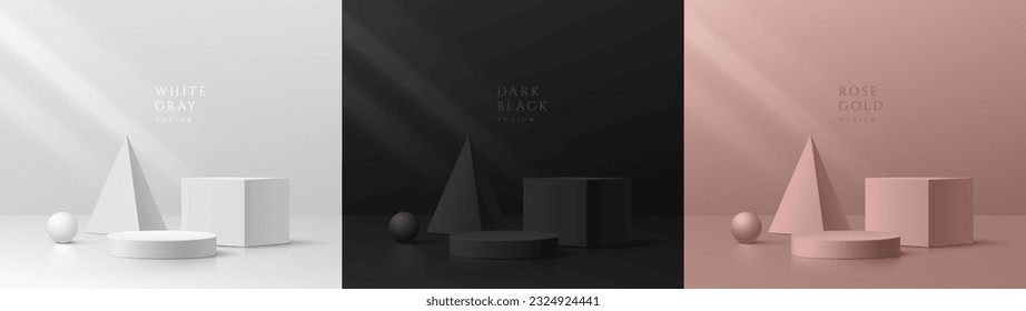 Set of 3D black, silver and pink gold cylinder and geometric pedestal podium background. Abstract luxury minimal wall scene mockup cosmetic products display. Stage showcase. Vector geometric platform.