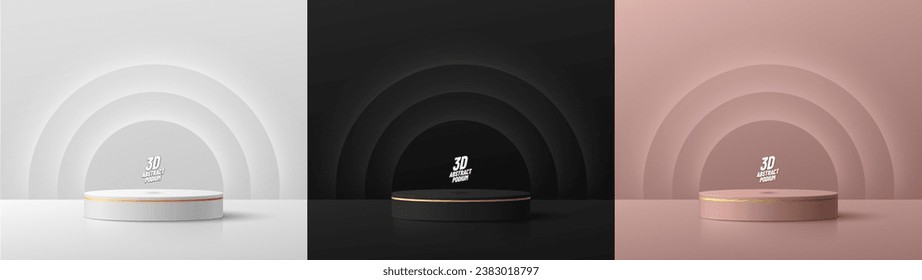 Set of 3D black, silver and pink gold cylinder podium background with semi circle neon lighting backdrop. Abstract luxury minimal scene mockup products display. Stage showcase. Vector geometric form.