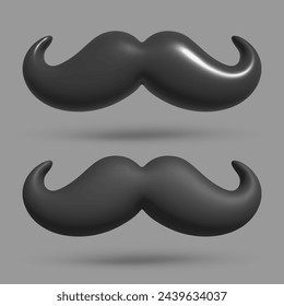 Set 3d black vintage mustache. Plastic styled mustache logo template, glass and matte. isolated on white background. Realistic vector illustration for card, party, design, flyer, web, advertising