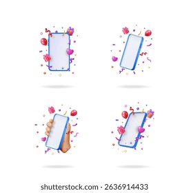 Set of 3D blank smartphone mockups with colorful festive elements for online celebration, event promotion, or modern web design.