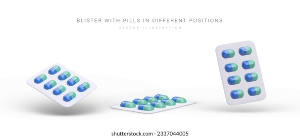 Conjunto de blisters 3D con cápsulas de color. Empaquetado de medicamentos en diferentes posiciones. Isolación de ilustraciones médicas con sombras. Iconos farmacéuticos. Imágenes para sitios web, aplicaciones, publicidad