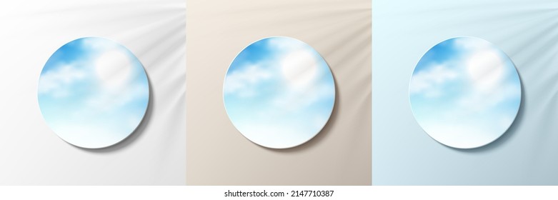 Set of 3d blue, beige and white color with blue sky in circle frame. Background minimal style. Collection of trendy color geometric background with copy space. Top view scene of podium. Vector EPS10