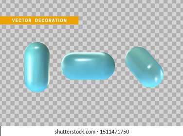 Set 3d blue capsule. Geometric Shapes Objects. Realistic geometry elements. plastic color gradient. Render Decorative figure for design. vector illustration on transparent background
