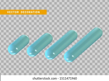 Set 3d blue capsule. Geometric Shapes Objects. Realistic geometry elements. plastic color gradient. Render Decorative figure for design. vector illustration on transparent background