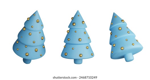 Set 3d blue Christmas tree . Glossy New year and xmas abstract tree shapes.