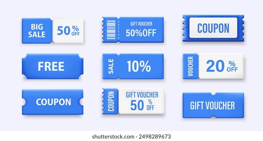 Set of 3d blue coupon. Promotion and gift voucher coupon. Vector realistic coupon design for big sale, special offer, and discount voucher. Vector illustration.