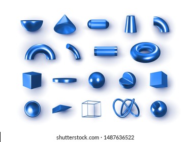 Conjunto de objetos de formas geométricas azules 3d. Elementos geométricos realistas aislados sobre fondo blanco, sobre degradado de color metálico. Representar la figura decorativa de la sapphirina para el diseño. ilustración vectorial