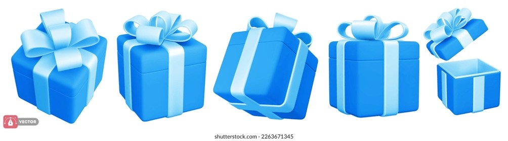 Conjunto de cajas de regalo azules 3d con una bonita proa. Abierto y cerrado. Elemento de diseño de vacaciones para cumpleaños, boda, banner publicitario de venta y otros eventos de vida. Ilustración vectorial realista