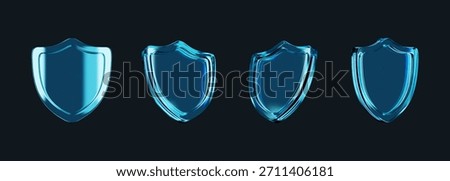 Set of 3D blue glass shield icon with holographic gradient and light refraction effects on a dark background. Modern security, privacy protection, and data defense symbol.