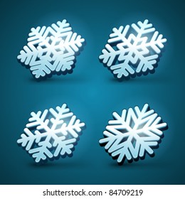 Set 3d blue glossy snowflakes with light design elements vector illustration. Good for decoration web site banner or greeting card and poster design.