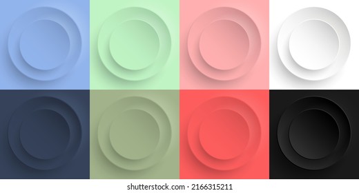 Set of 3D blue, green, pink, white, black circles shapes elements background. You can use for button, wallpaper, banner, poster, product backdrop, etc. Vector illustration