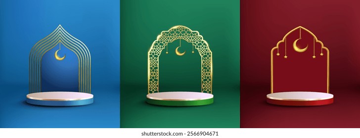 Set of 3D blue, green, and red cylinder podiums with mosque gate gold, perfect for Ramadan Kareem and Eid al-Adha designs. Ideal for minimal mockups, product showcases, or promotional banners.