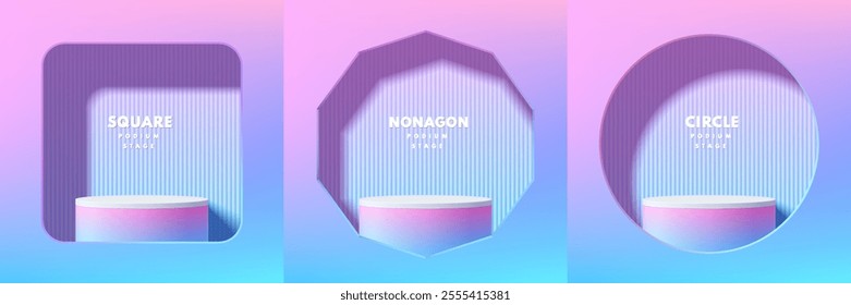 Set of 3D blue hologram cylindrical podium in square, nonagon, circle window wall scene. Minimalist mockup pedestal. Abstract product display presentation, Stage for showcase. Platforms vector design.