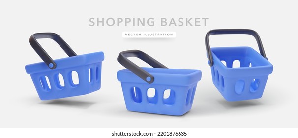 Set of 3d blue realistic shopping cart with shadow isolated on white background. Vector illustration