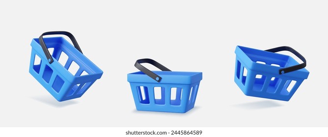 Set of 3d blue realistic shopping cart. digital promotion, sale advertisement design. 3D Rendering. Vector illustration