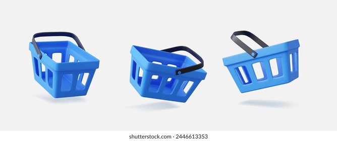 Set of 3d blue realistic shopping cart. digital promotion, sale advertisement design. 3D Rendering. Vector illustration