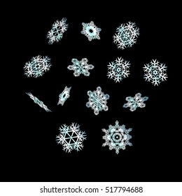 Set of 3d blue snowflakes on black background. Winter collection. Vector christmas illustration.