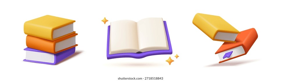 Set of 3D book icons. Stacks of colorful books, open textbooks for reading. Love of literature. Education and learning. Realistic plasticine style vector illustration collection isolated on background