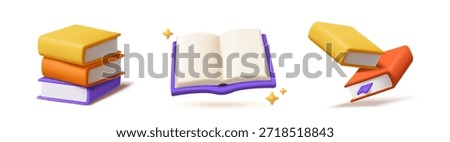 Set of 3D book icons. Stacks of colorful books, open textbooks for reading. Love of literature. Education and learning. Realistic plasticine style vector illustration collection isolated on background