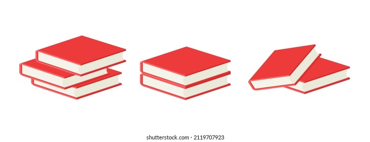 A set of 3d books. Red Books. Stacks of books in different positions. Vector clipart.