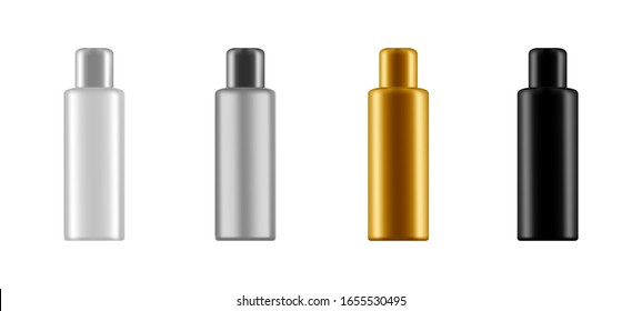 Set aus 3D Flaschenmockups - weiß, schwarz, silber, golden. Realistische Vektorillustration Schönheitsinformation für das Paketdesign. Schablone für unscharfe Arzneimittel, Kosmetik und Hygienepaket - Creme, Gel, Hautpflege